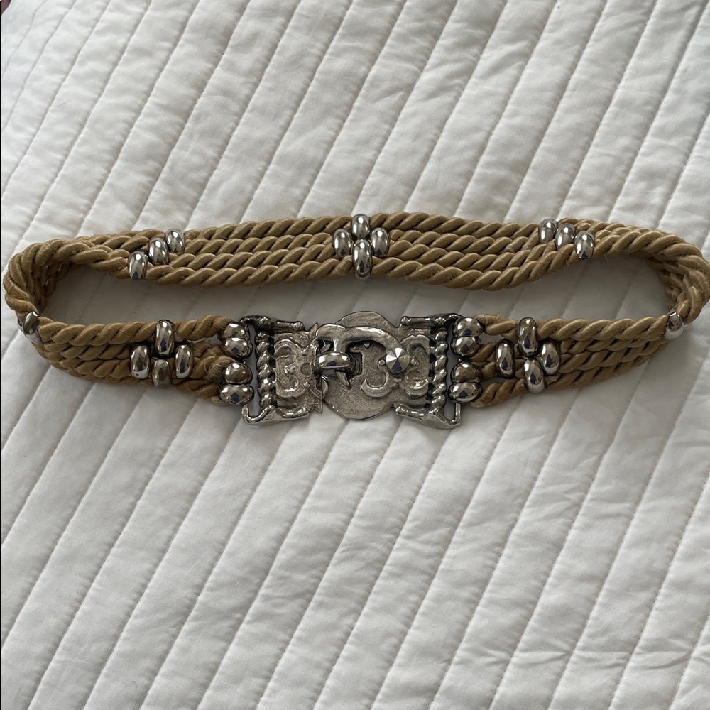 Vintage 80’s Silvertone Buckle Corded Tan and Silver‎ Grommet Women's Belt Small
